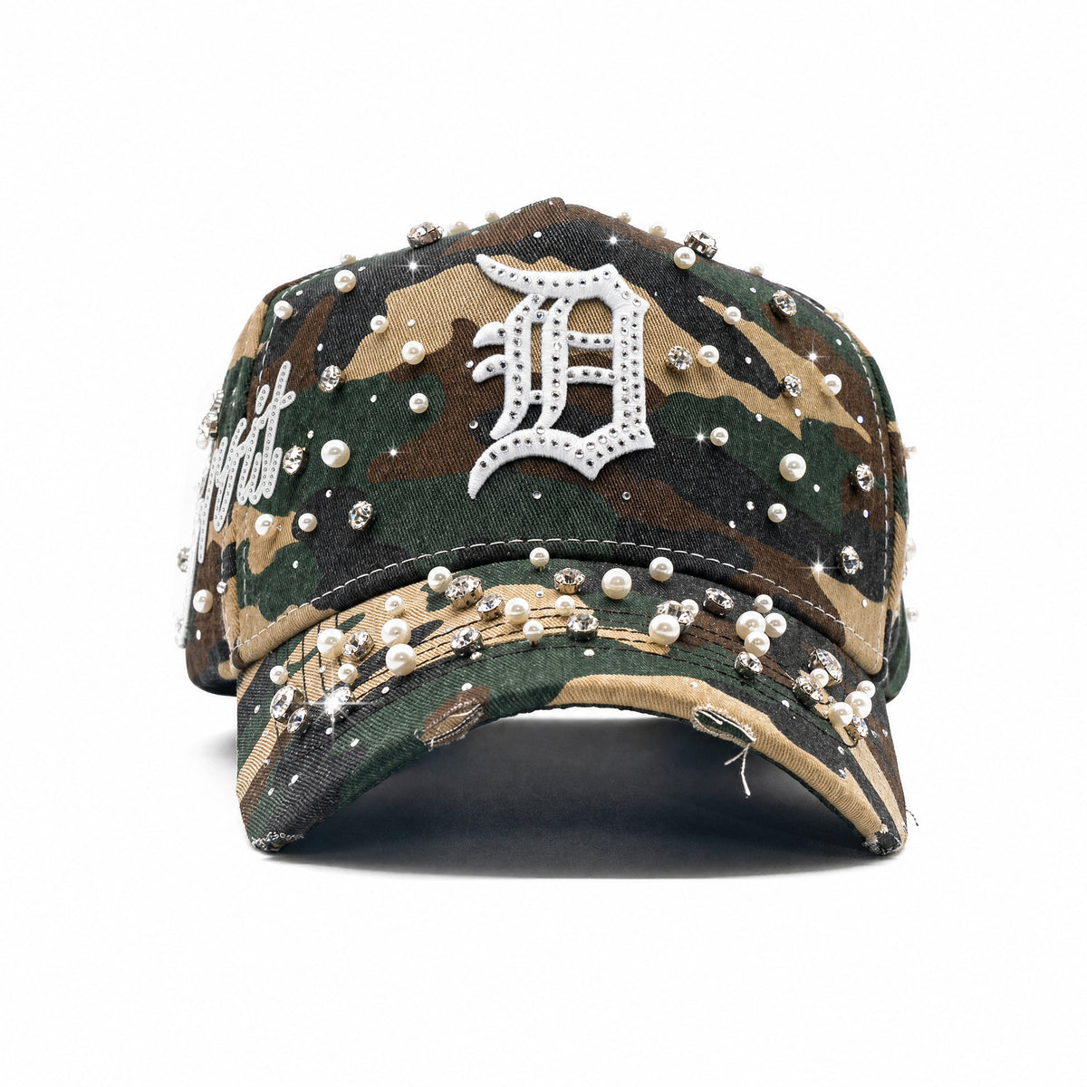 Front view of the Detroit Militia Hat with woodland camo, an Old English D, rhinestones and pearl embellishments