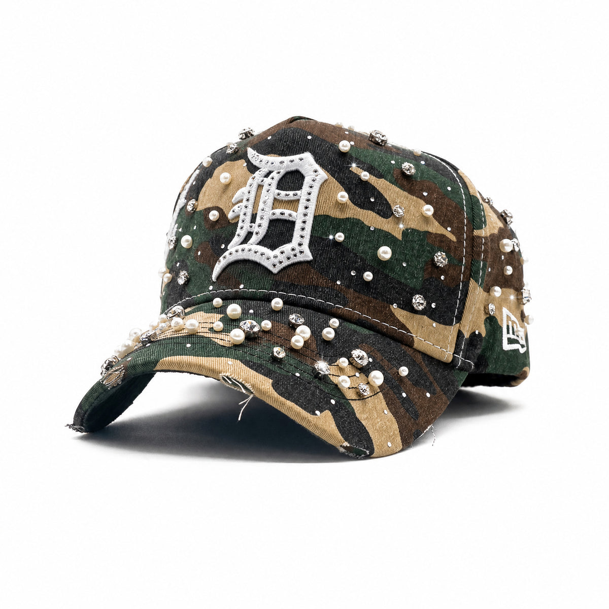 Opposite three-quarter view of the Detroit Militia Hat showing the Old English D, MTH side logo and embellished camo brim