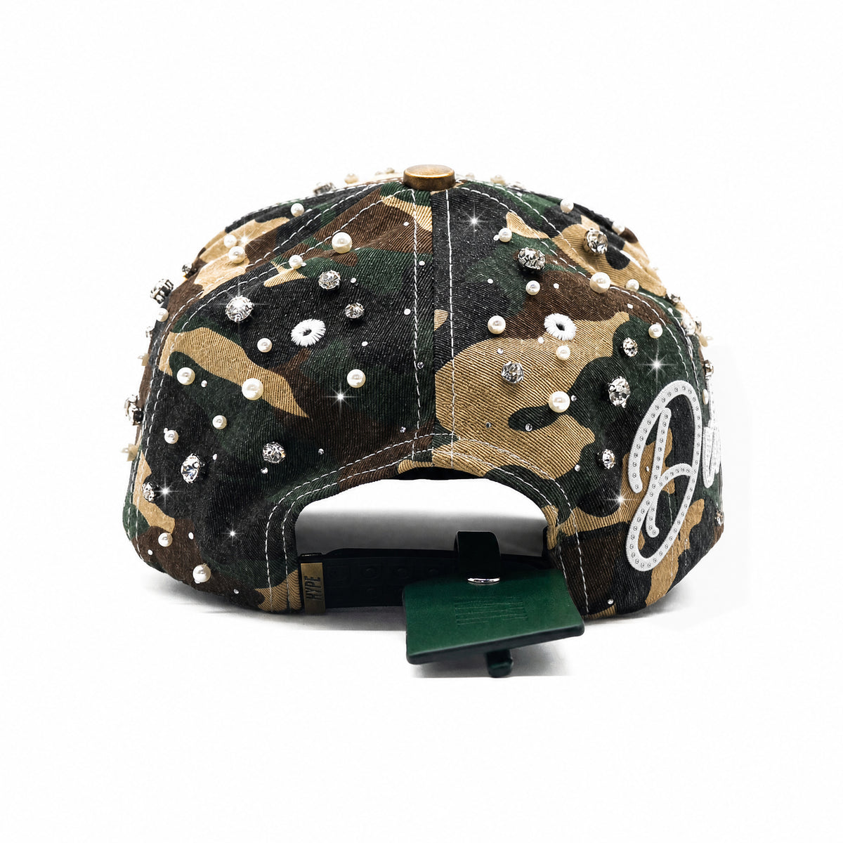 Rear view of the Detroit Militia Hat showing the adjustable snapback closure, woodland camo, rhinestones and pearl details