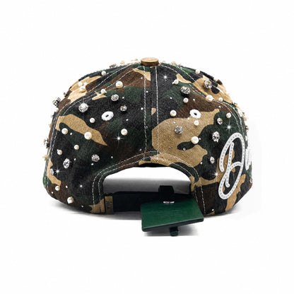 Rear view of the Detroit Militia Hat showing the adjustable snapback closure, woodland camo, rhinestones and pearl details