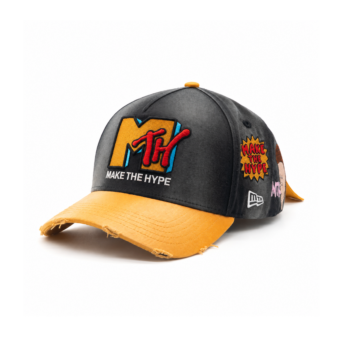 Opposite three-quarter view of MAKE THE HYPE TV showing MTH front embroidery and the white MTH flag side logo